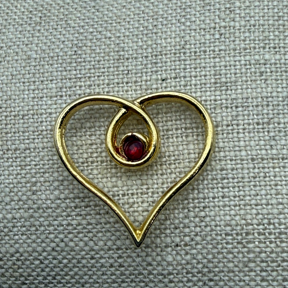 Gold Heart Pin with Red Gemstone